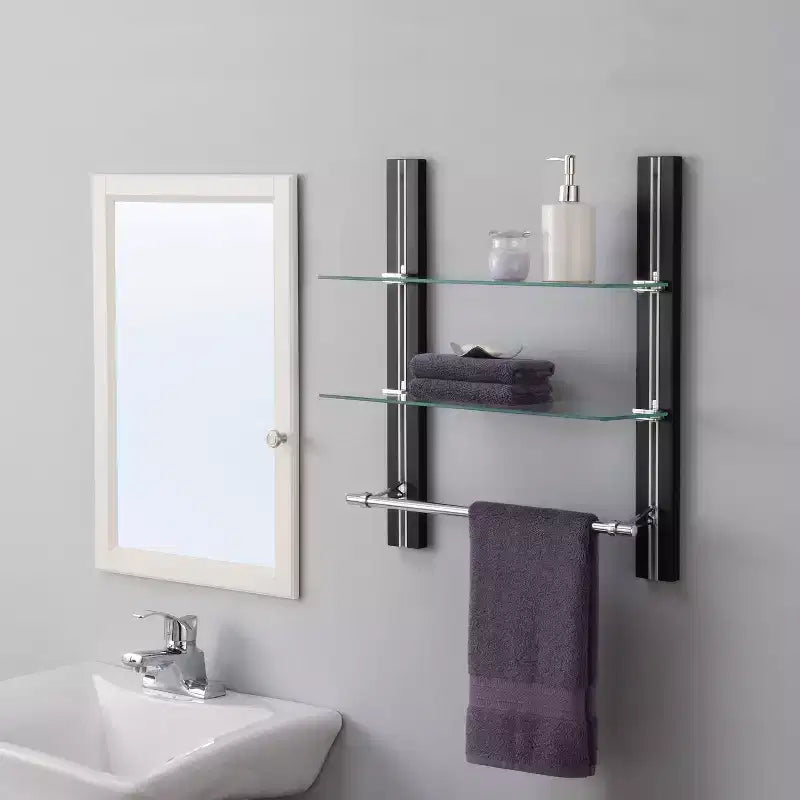Étagère à deux niveaux en verre trempé marron avec barre porte-serviettes chromée