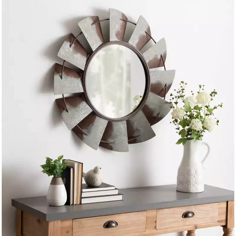 Miroir mural en métal rond argenté – Moulin à vent – 81 cm