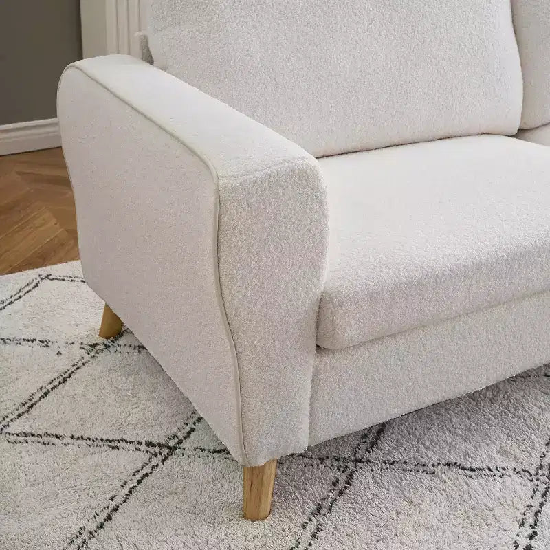 Canapé 3 places en bouclette beige/bleu foncé, 213 cm de large, pieds en bois