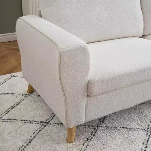 Canapé 3 places en bouclette beige/bleu foncé, 213 cm de large, pieds en bois