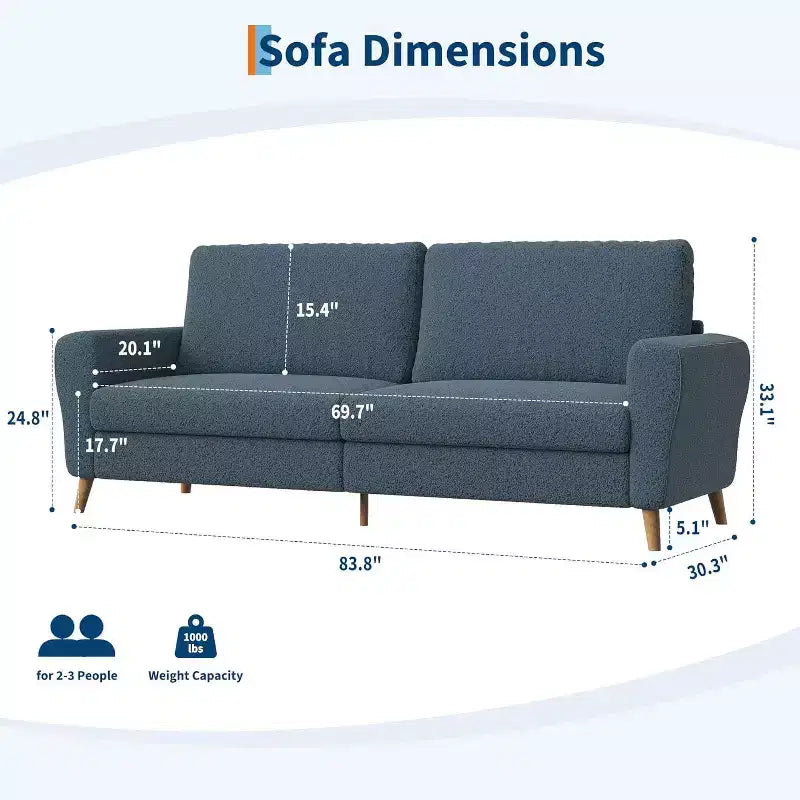 Canapé 3 places en bouclette beige/bleu foncé, 213 cm de large, pieds en bois