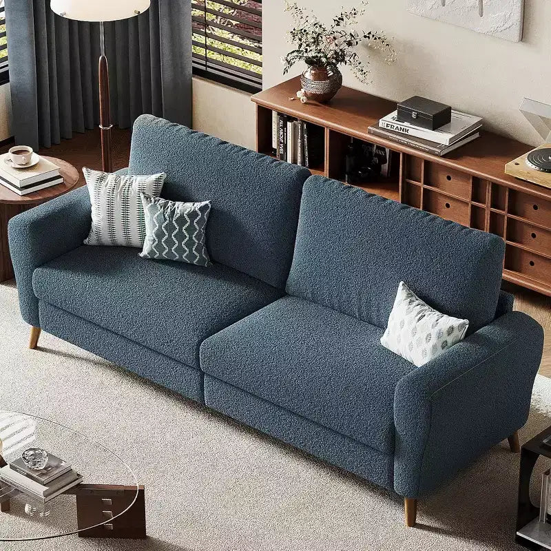 Canapé 3 places en bouclette beige/bleu foncé, 213 cm de large, pieds en bois
