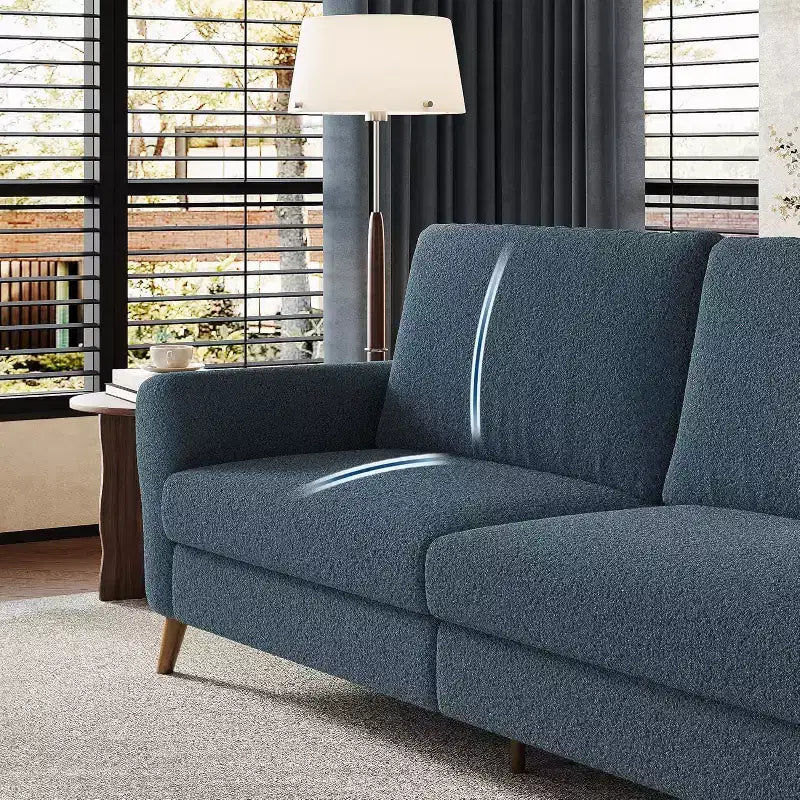 Canapé 3 places en bouclette beige/bleu foncé, 213 cm de large, pieds en bois