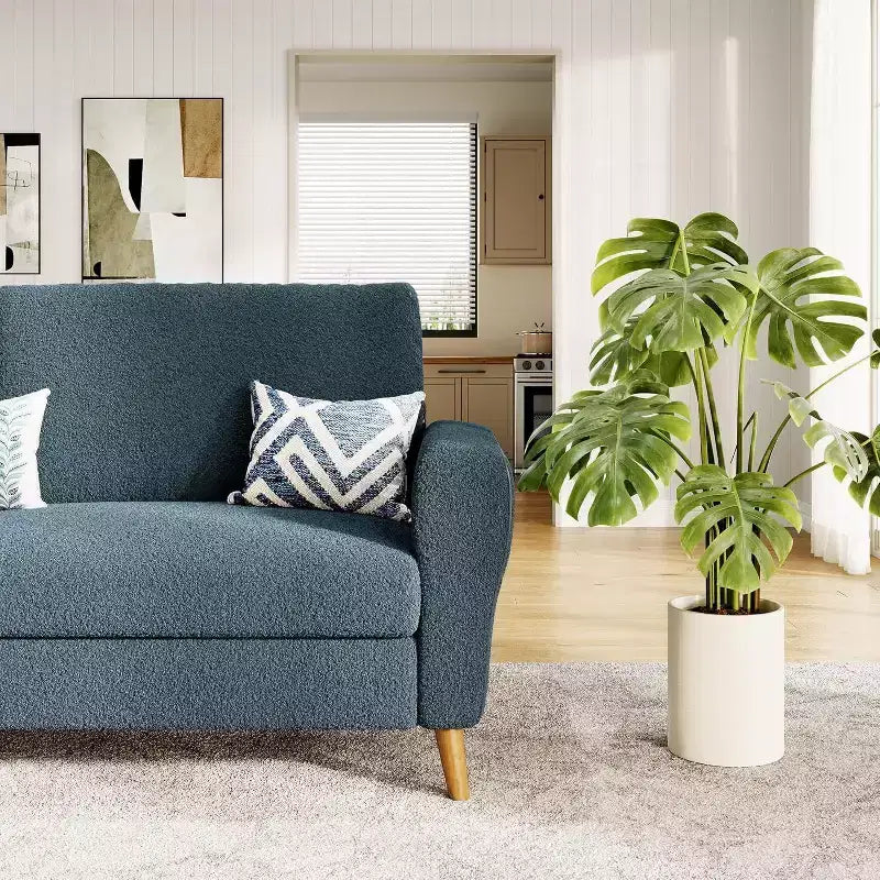 Canapé 3 places en bouclette beige/bleu foncé, 213 cm de large, pieds en bois