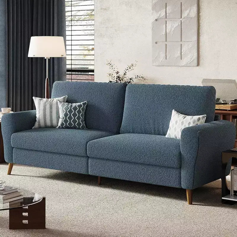 Canapé 3 places en bouclette beige/bleu foncé, 213 cm de large, pieds en bois