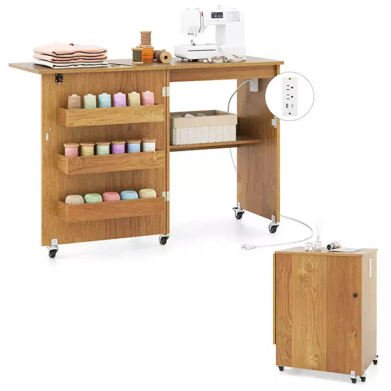 Costway Folding Sewing Table Rolling Craft Station with 3 Storage Bins & Charging Station White/Natural/Brown