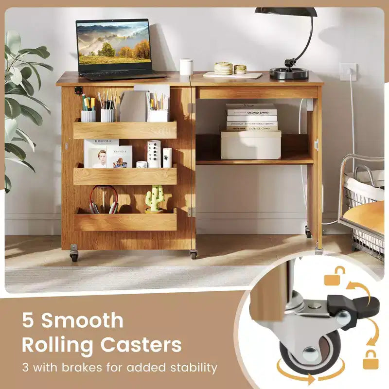 Table pliante de couture et d'artisanat blanche avec bacs de rangement et station de charge, 1 personne