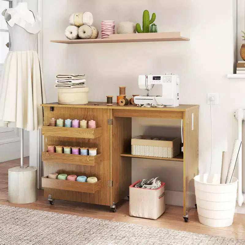 Table pliante de couture et d'artisanat blanche avec bacs de rangement et station de charge, 1 personne