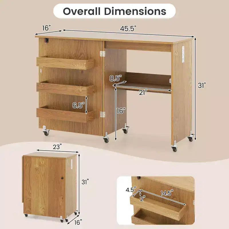 Table pliante de couture et d'artisanat blanche avec bacs de rangement et station de charge, 1 personne