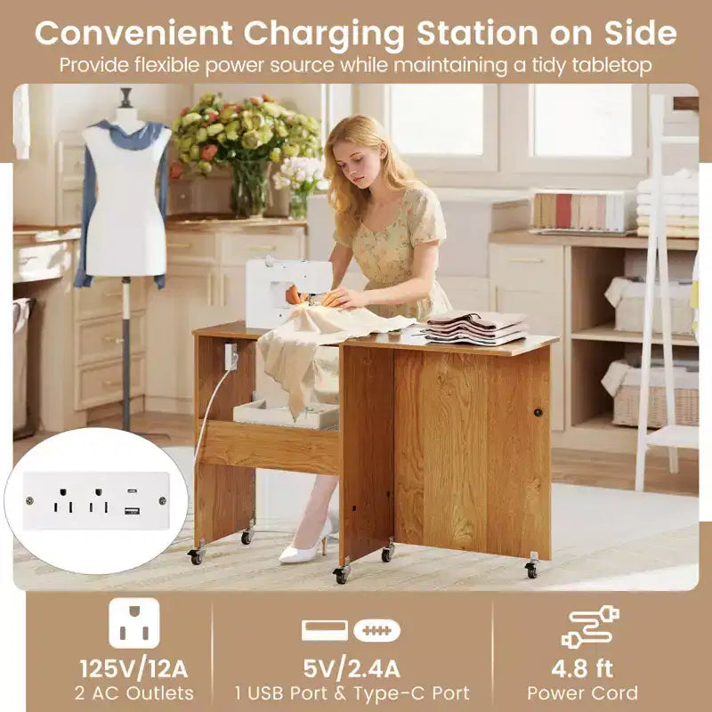 Table pliante de couture et d'artisanat blanche avec bacs de rangement et station de charge, 1 personne