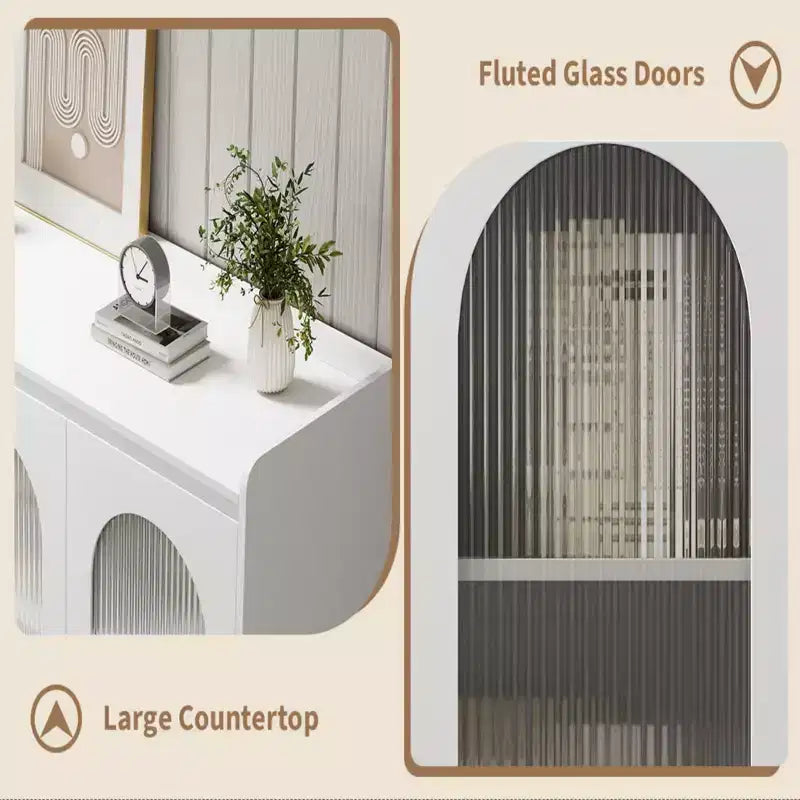 Buffet moderne blanc avec porte en verre cannelé, 3 tiroirs et lumières DEL – Assemblage par 1 personne