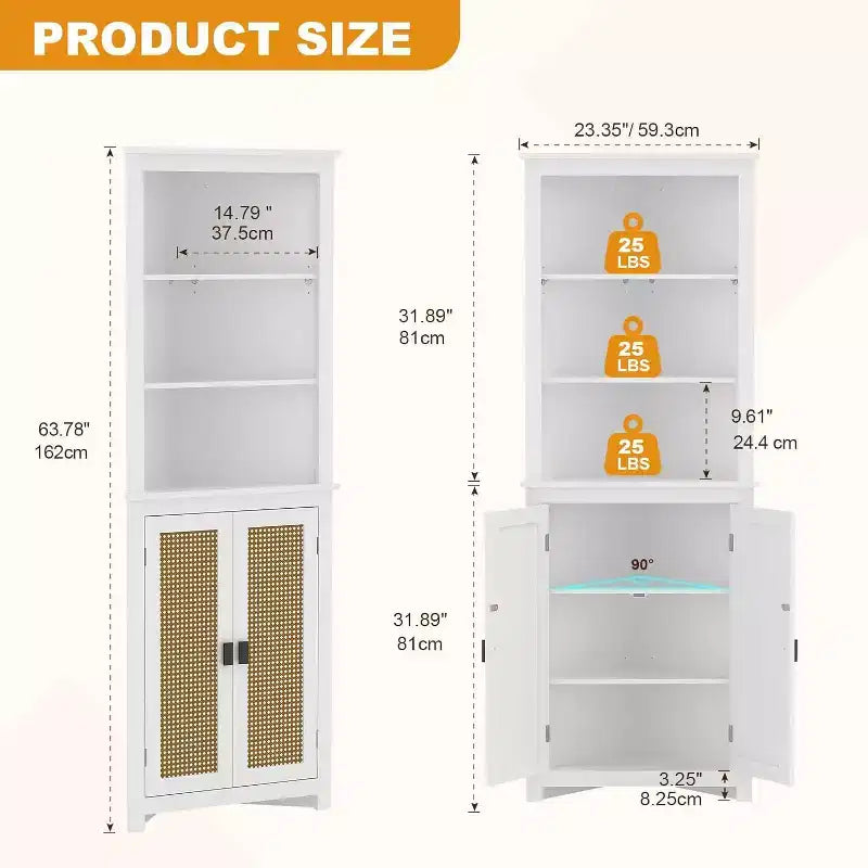 Meuble d'angle en bois marron avec 2 portes et étagères réglables, autoportant, assemblage par 1 personne