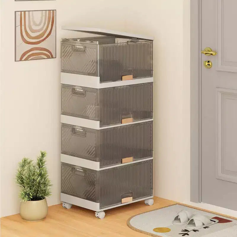 Meuble de rangement empilable à 4 casiers blanc et marron avec roulettes, 68 L, montage par 1 personne