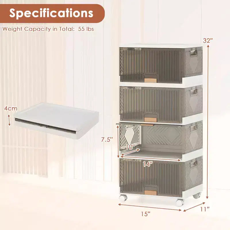 Meuble de rangement empilable à 4 casiers blanc et marron avec roulettes, 68 L, montage par 1 personne