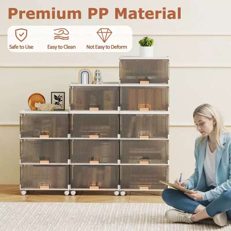 Meuble de rangement empilable à 4 casiers blanc et marron avec roulettes, 68 L, montage par 1 personne