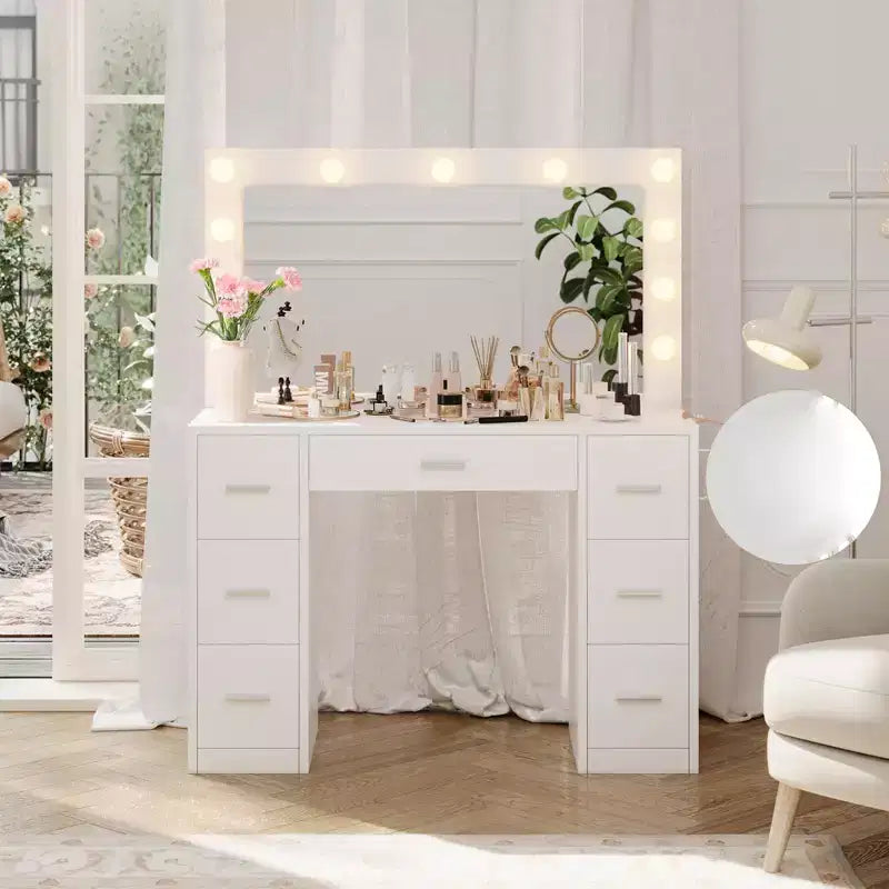 Coiffeuse de maquillage lumineuse blanche avec miroir, 7 tiroirs, pour une personne