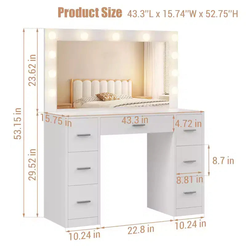 Coiffeuse de maquillage lumineuse blanche avec miroir, 7 tiroirs, pour une personne