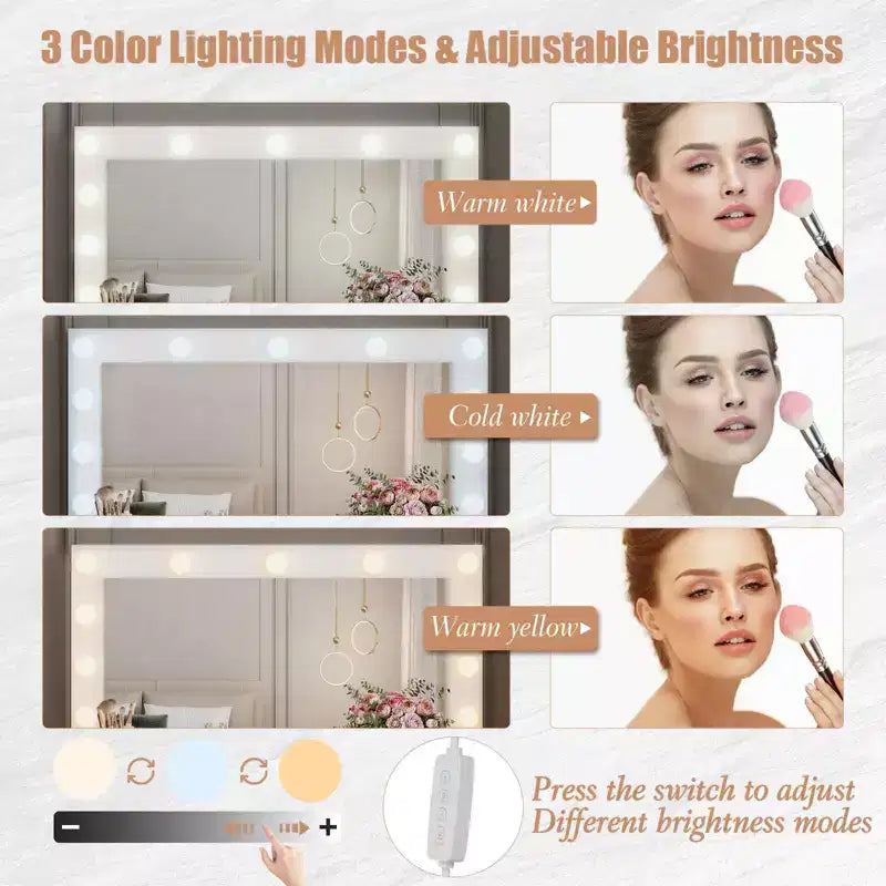 Coiffeuse de maquillage lumineuse blanche avec miroir, 7 tiroirs, pour une personne