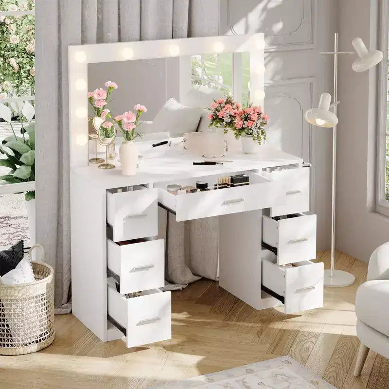 Coiffeuse de maquillage lumineuse blanche avec miroir, 7 tiroirs, pour une personne