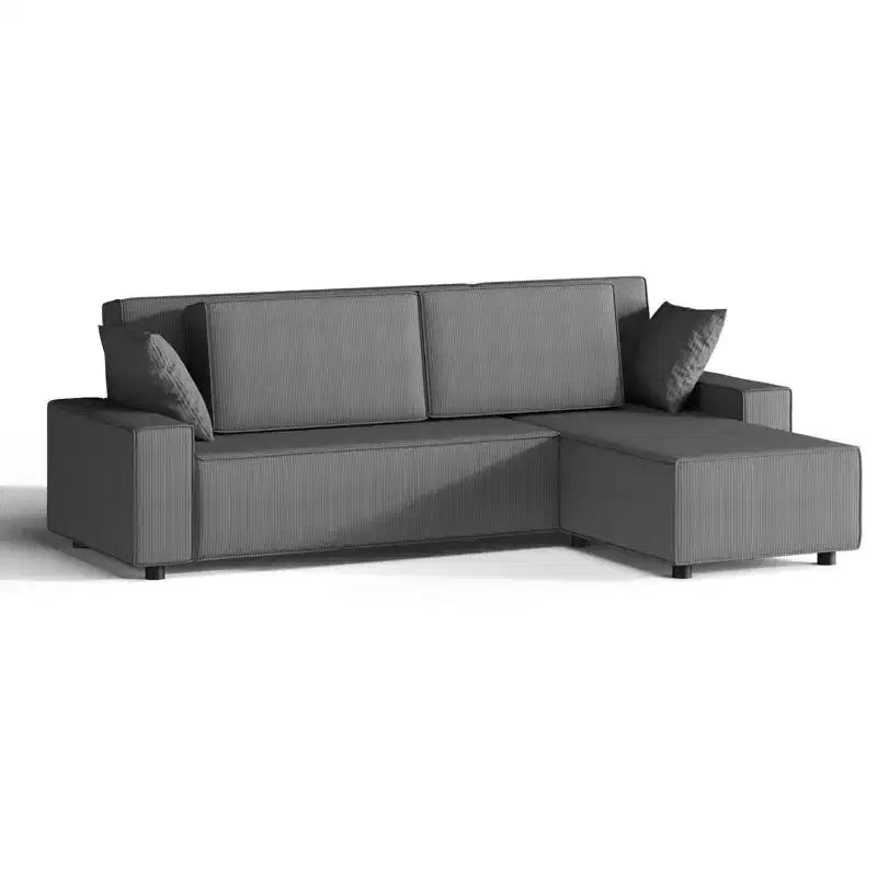 Canapé d'angle en velours côtelé, 3 places, noir / gris foncé / blanc cassé