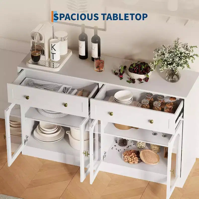 Buffet/bahut bicolore noir et blanc de 140 cm avec 4 portes en acrylique et 2 tiroirs, style fermier