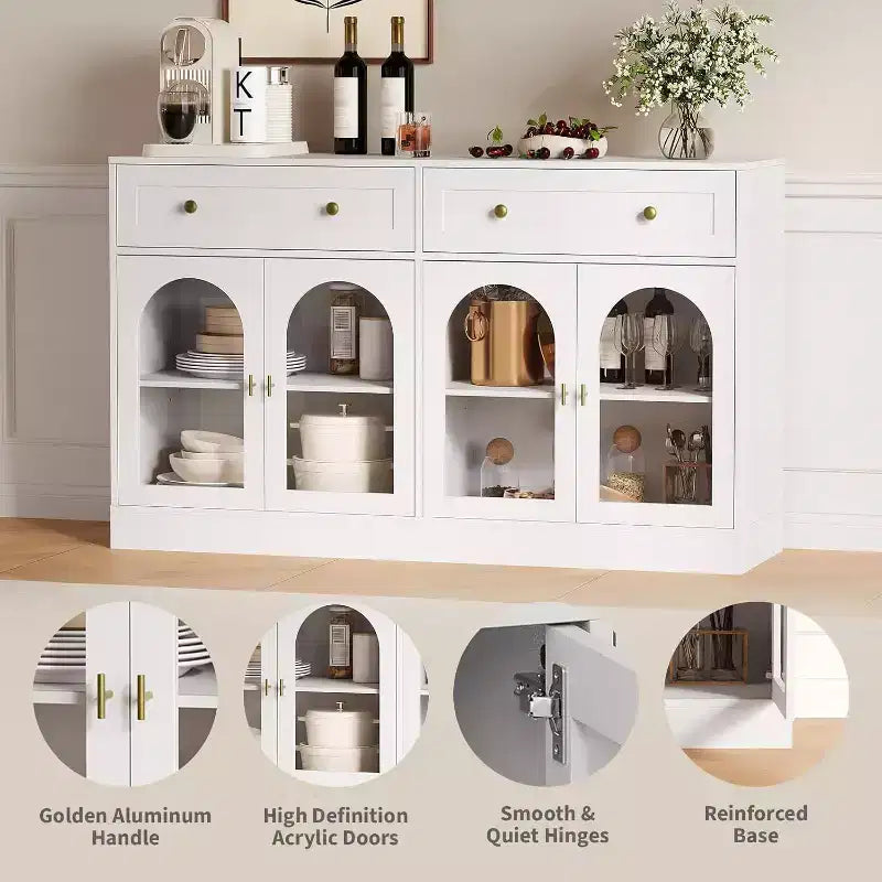 Buffet/bahut bicolore noir et blanc de 140 cm avec 4 portes en acrylique et 2 tiroirs, style fermier