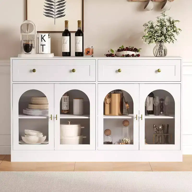 Buffet/bahut bicolore noir et blanc de 140 cm avec 4 portes en acrylique et 2 tiroirs, style fermier