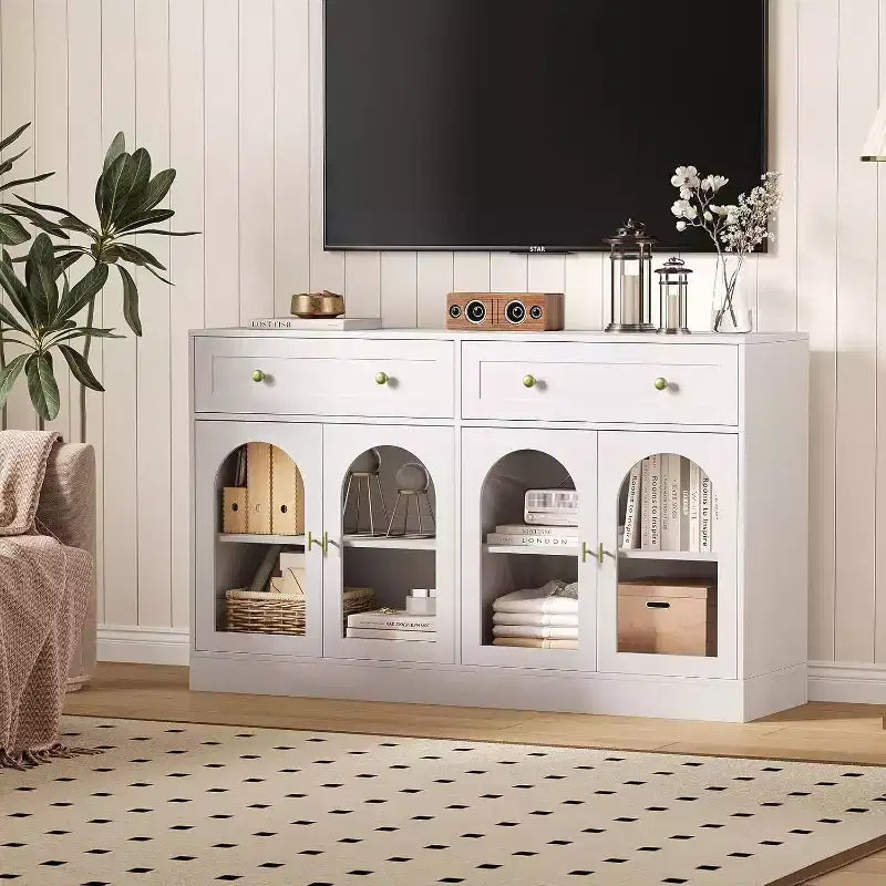 Buffet/bahut bicolore noir et blanc de 140 cm avec 4 portes en acrylique et 2 tiroirs, style fermier