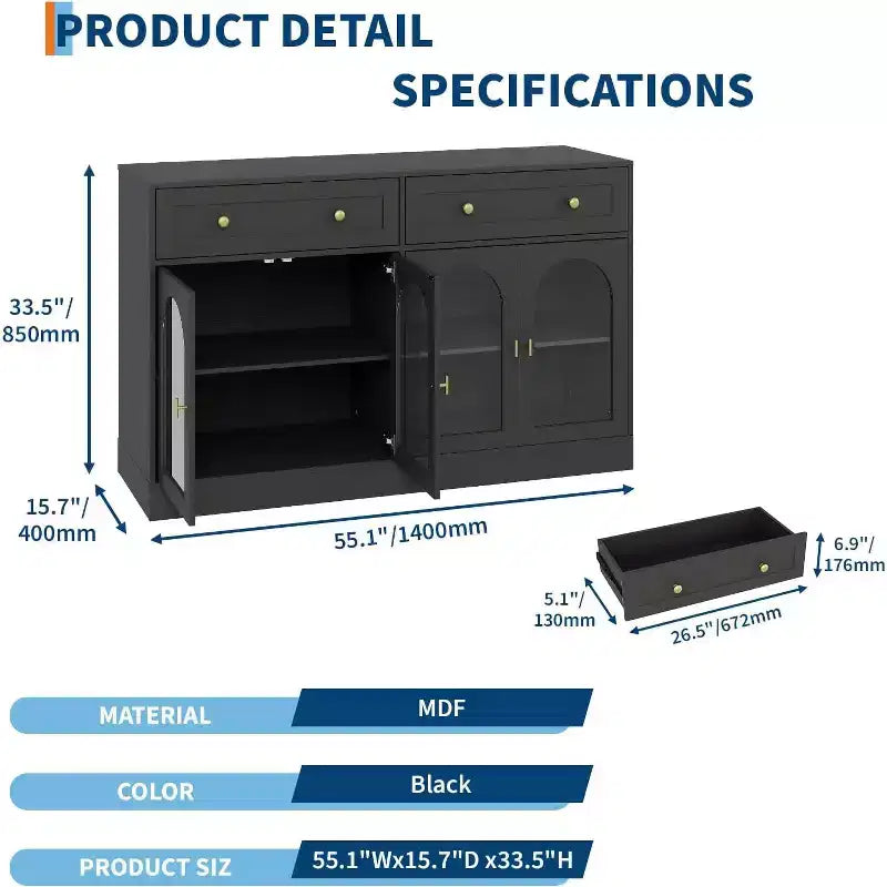 Buffet/bahut bicolore noir et blanc de 140 cm avec 4 portes en acrylique et 2 tiroirs, style fermier