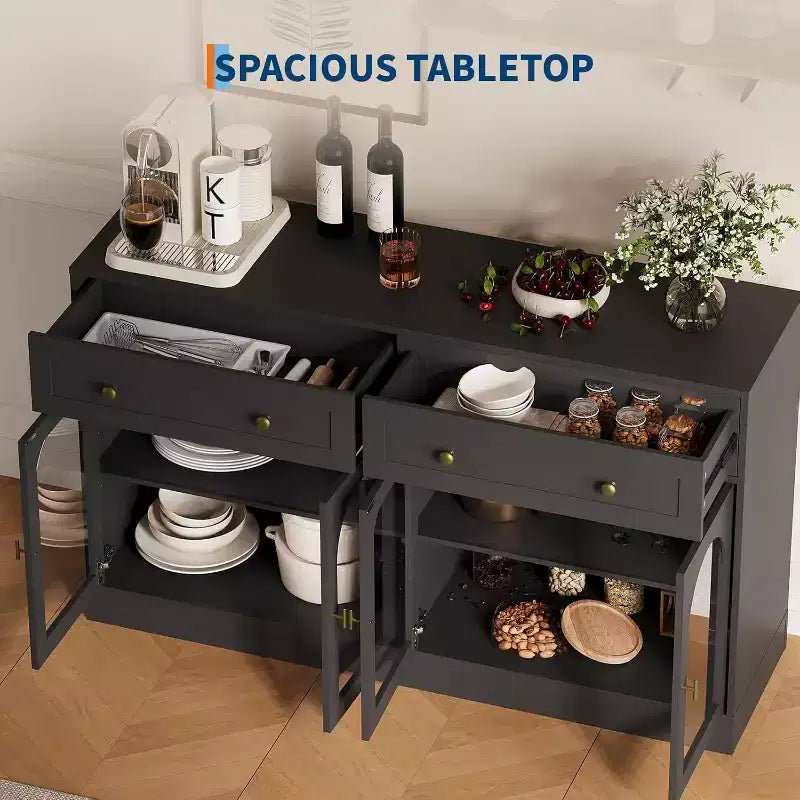 Buffet/bahut bicolore noir et blanc de 140 cm avec 4 portes en acrylique et 2 tiroirs, style fermier