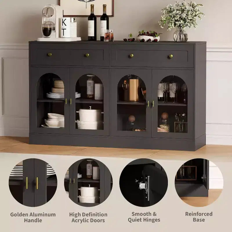 Buffet/bahut bicolore noir et blanc de 140 cm avec 4 portes en acrylique et 2 tiroirs, style fermier
