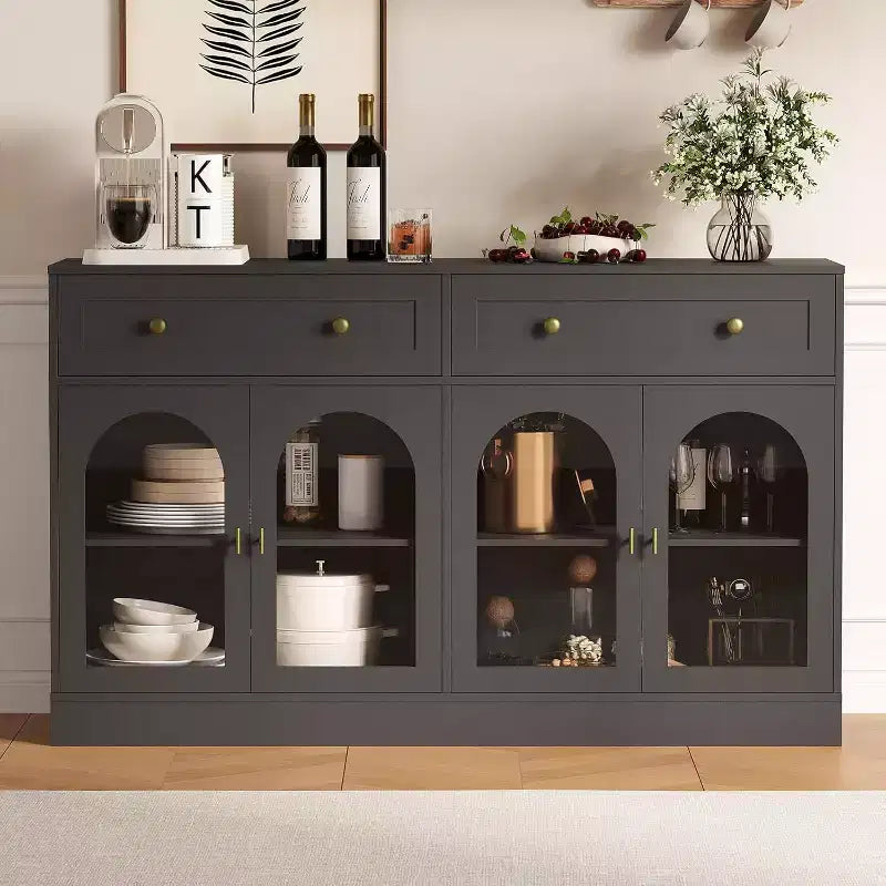 Buffet/bahut bicolore noir et blanc de 140 cm avec 4 portes en acrylique et 2 tiroirs, style fermier