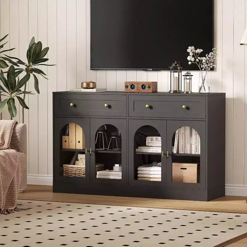 Buffet/bahut bicolore noir et blanc de 140 cm avec 4 portes en acrylique et 2 tiroirs, style fermier