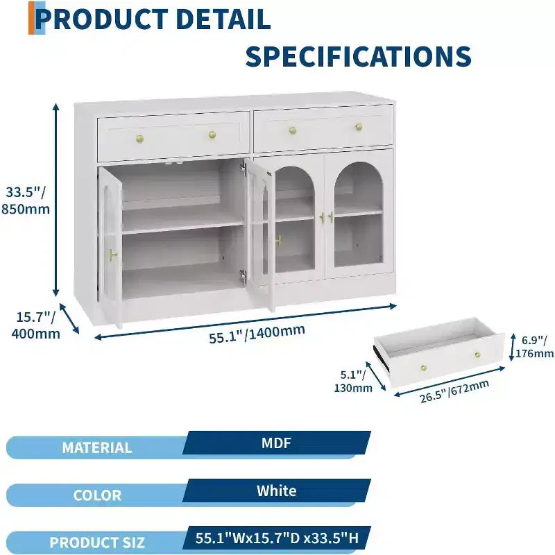 Buffet/bahut bicolore noir et blanc de 140 cm avec 4 portes en acrylique et 2 tiroirs, style fermier