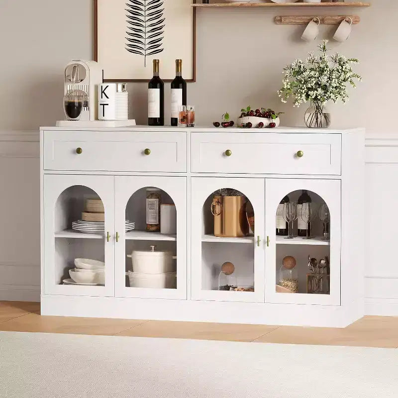 Buffet/bahut bicolore noir et blanc de 140 cm avec 4 portes en acrylique et 2 tiroirs, style fermier