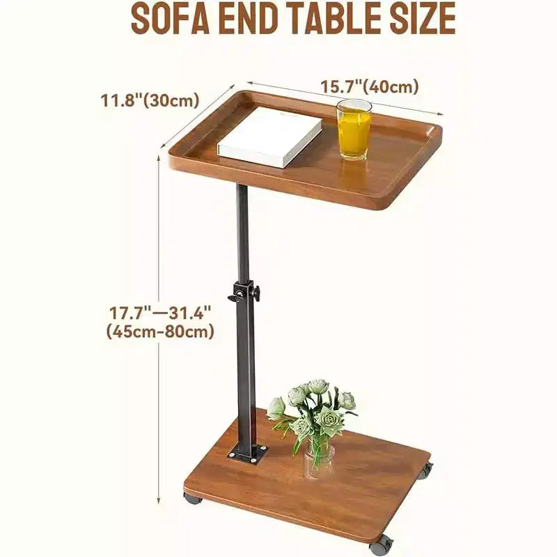 Table d'appoint en forme de C, couleur noyer et bois, avec roulettes, hauteur réglable, pivotante à 360°, usage unique