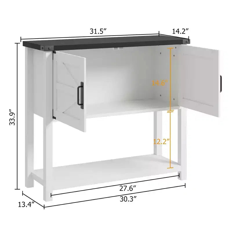 Console de ferme gris/blanc avec 2 portes et 2 tiroirs, étagère de rangement