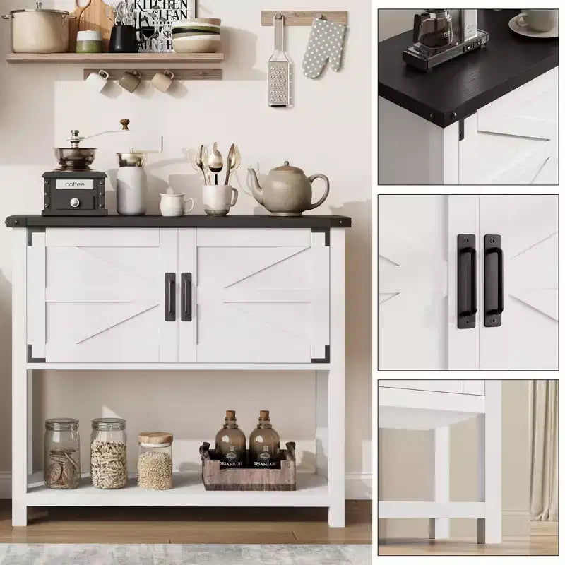 Console de ferme gris/blanc avec 2 portes et 2 tiroirs, étagère de rangement