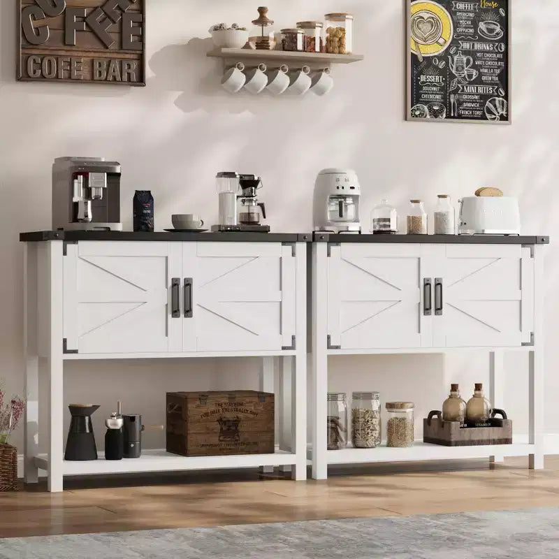 Console de ferme gris/blanc avec 2 portes et 2 tiroirs, étagère de rangement