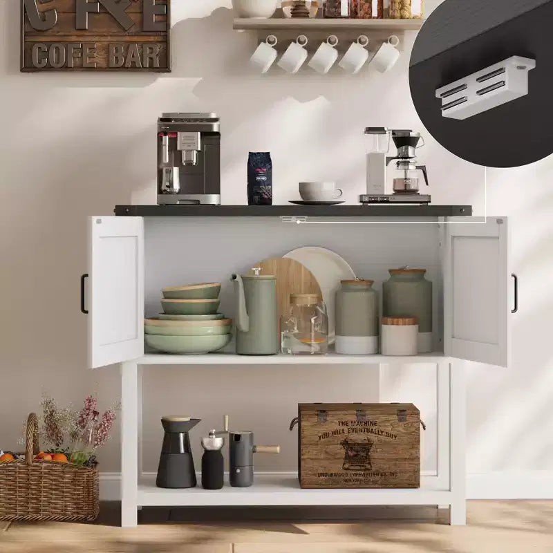 Console de ferme gris/blanc avec 2 portes et 2 tiroirs, étagère de rangement