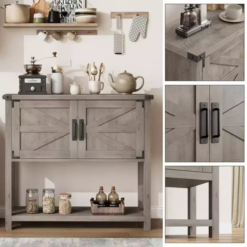 Console de ferme gris/blanc avec 2 portes et 2 tiroirs, étagère de rangement