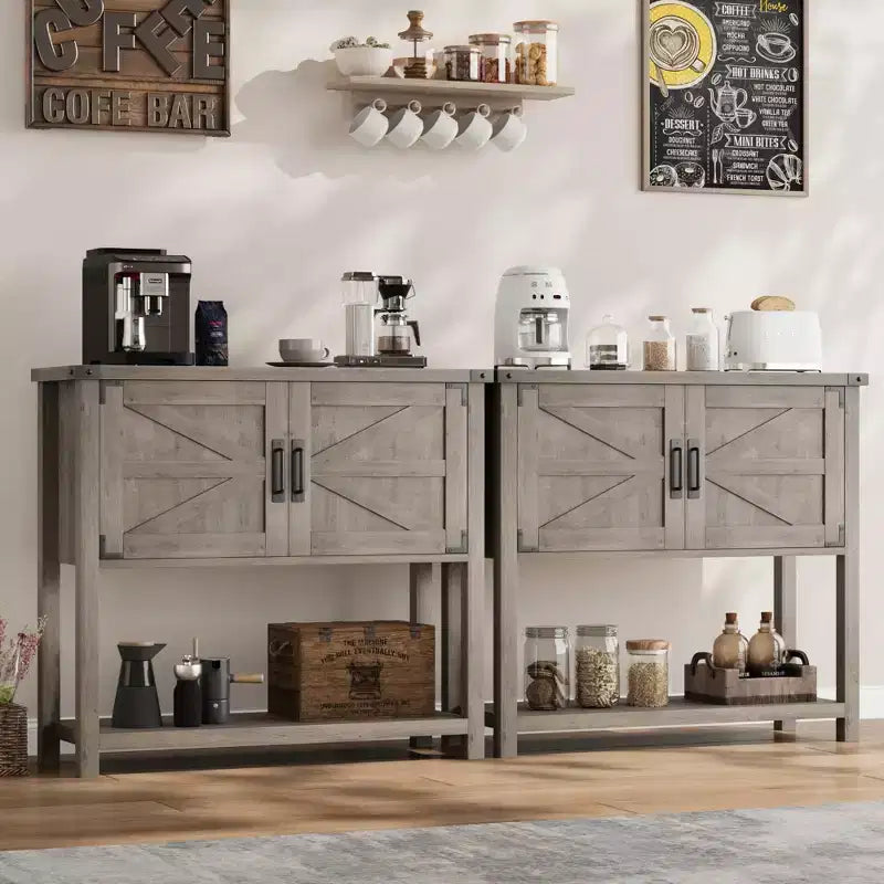 Console de ferme gris/blanc avec 2 portes et 2 tiroirs, étagère de rangement