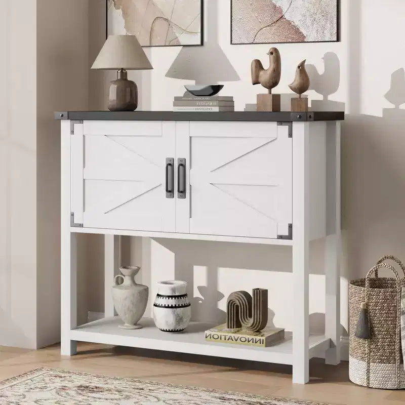 Console de ferme gris/blanc avec 2 portes et 2 tiroirs, étagère de rangement