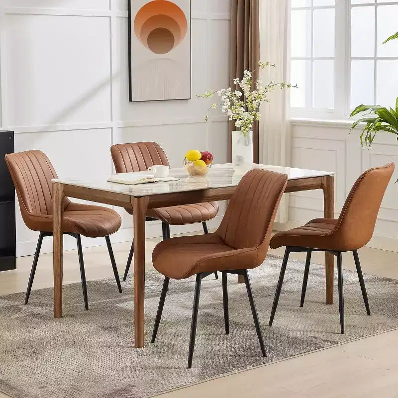 Chaises de salle à manger en similicuir noir/marron, chaises d'appoint sans accoudoirs de style moderne du milieu du siècle avec pieds en métal, lot de 2