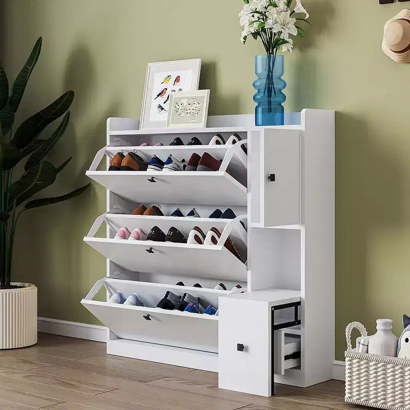 Meuble à chaussures blanc avec tiroir et siège rabattable, entrée