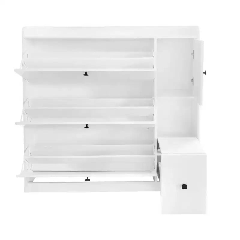 Meuble à chaussures blanc avec tiroir et siège rabattable, entrée