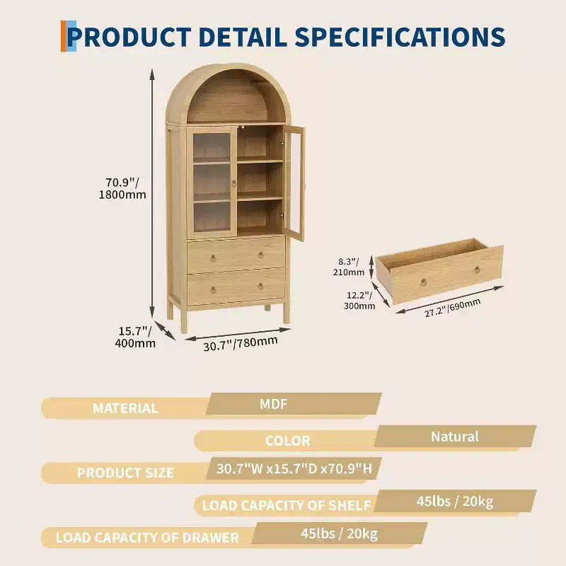 Meuble de cuisine autoportant en bois naturel avec 2 tiroirs et 2 portes, une personne