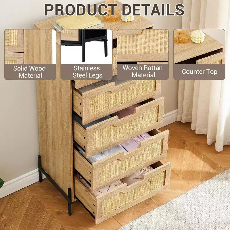 Commode à 5 tiroirs Black+Oak / Oak Rattan, meuble de rangement avec pieds