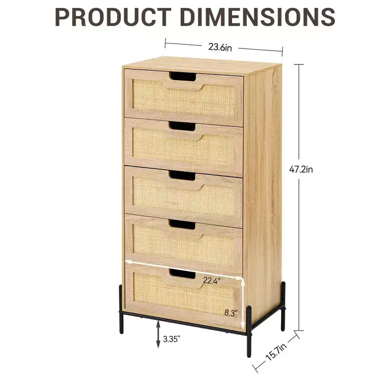 Commode à 5 tiroirs Black+Oak / Oak Rattan, meuble de rangement avec pieds