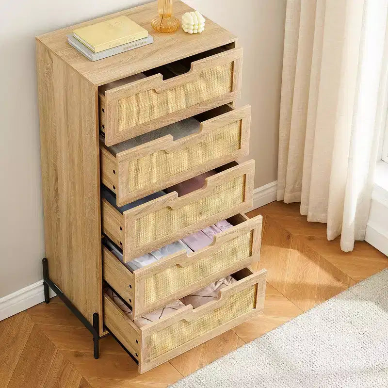 Commode à 5 tiroirs Black+Oak / Oak Rattan, meuble de rangement avec pieds